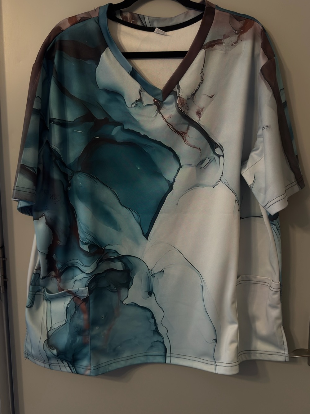 Abstract Teal & White Scrub V-Neck Top